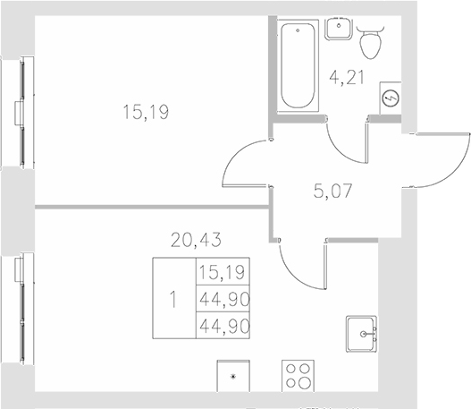 Планировка — Statum, 1-комн., 45 м²