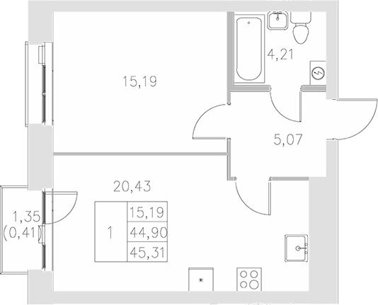 Планировка — Statum, 1-комн., 45 м²