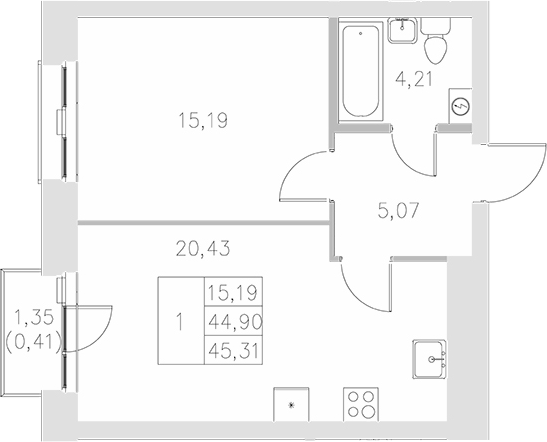 Планировка — Statum, 1-комн., 45 м²