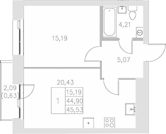 Планировка — Statum, 1-комн., 45 м²