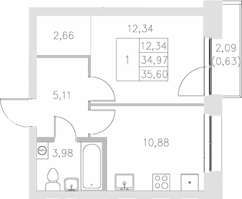 Планировка — Statum, 1-комн., 35 м²