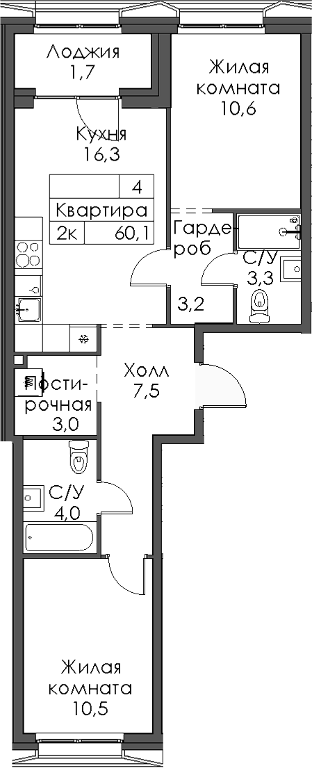 Планировка — Ботаническая 3, 2-комн., 58 м²