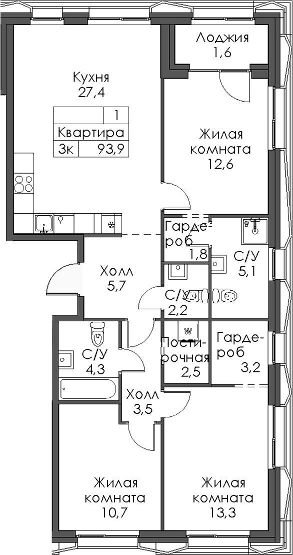 Планировка — Ботаническая 3, 3-комн., 92 м²