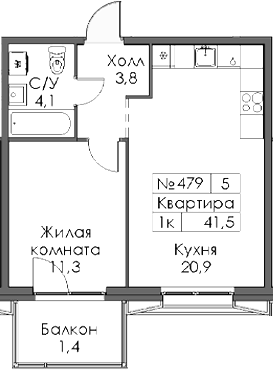 Планировка — Ботаническая 3, 1-комн., 40 м²