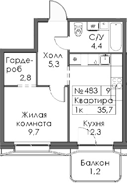 Планировка — Ботаническая 3, 1-комн., 35 м²