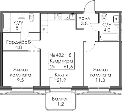 Планировка — Ботаническая 3, 2-комн., 60 м²