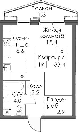 Планировка — Ботаническая 3, Студия, 32 м²