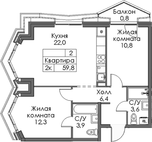Планировка — Ботаническая 3, 2-комн., 59 м²