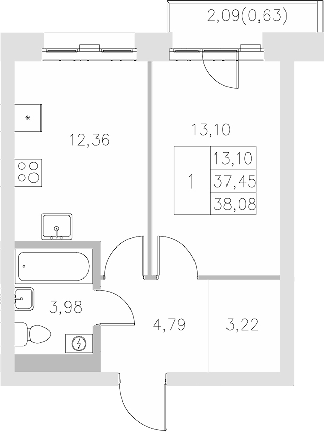 Планировка — Statum, 1-комн., 37 м²