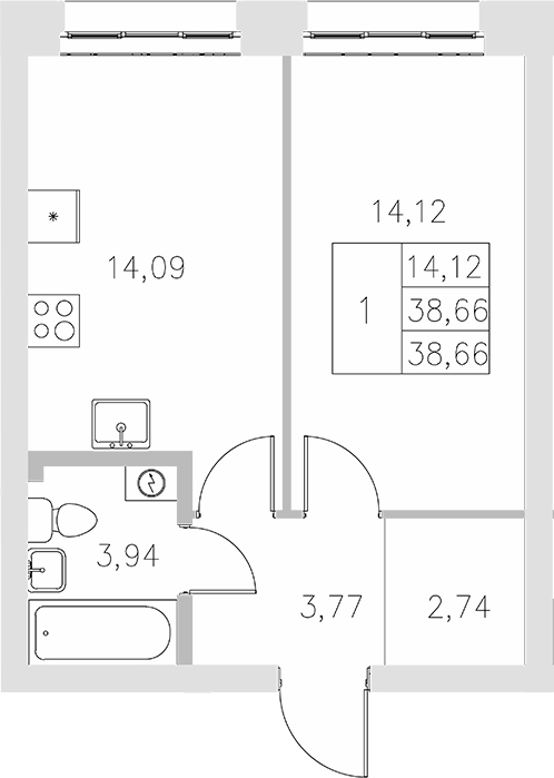 Планировка — Statum, 1-комн., 39 м²