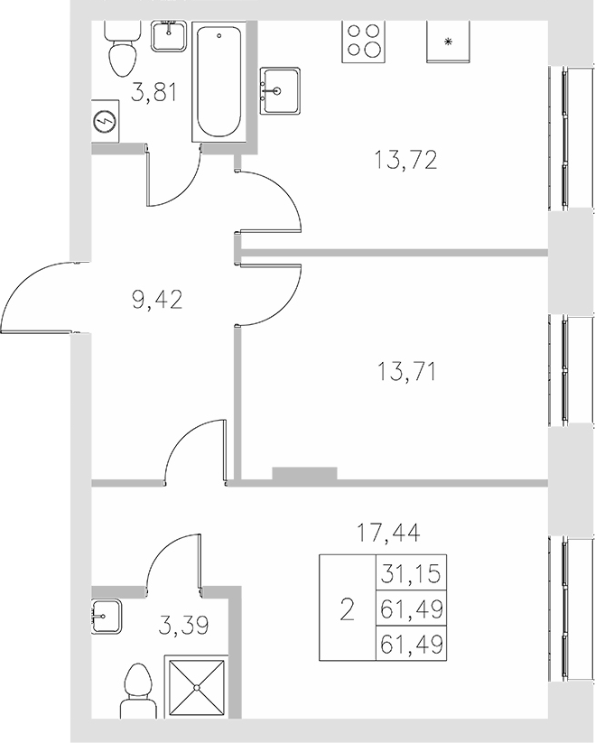 Планировка — Statum, 2-комн., 61 м²