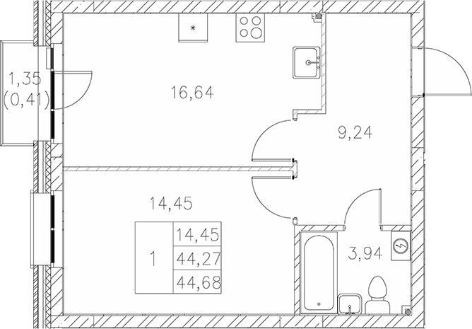 Планировка — Statum, 1-комн., 44 м²