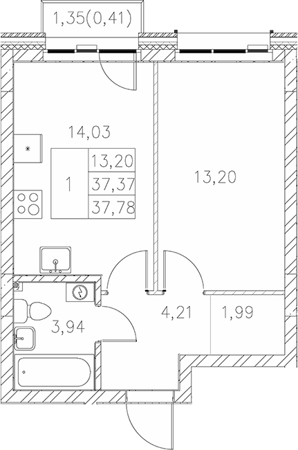 Планировка — Statum, 1-комн., 37 м²