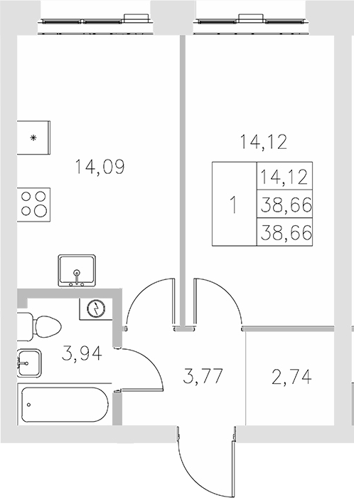 Планировка — Statum, 1-комн., 39 м²