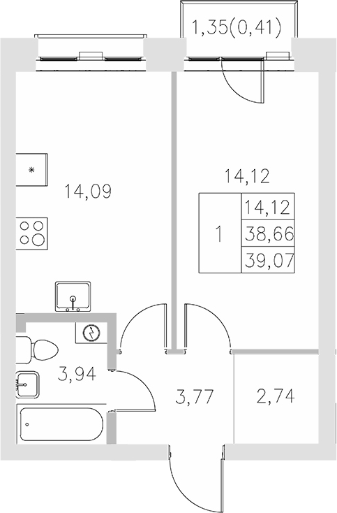 Планировка — Statum, 1-комн., 39 м²