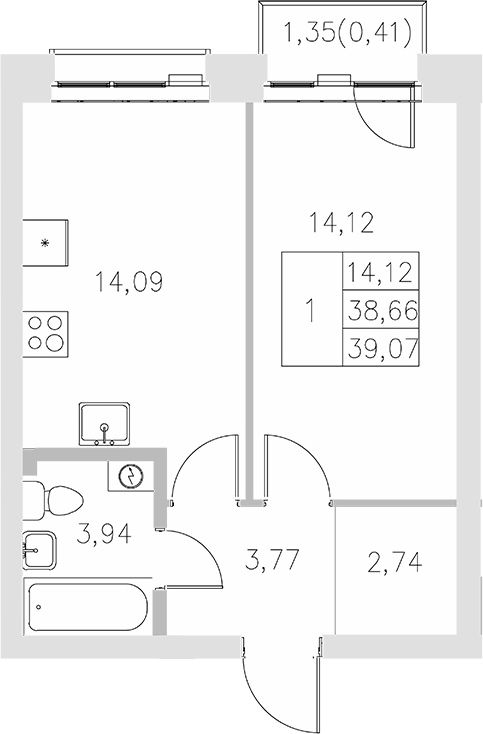 Планировка — Statum, 1-комн., 39 м²