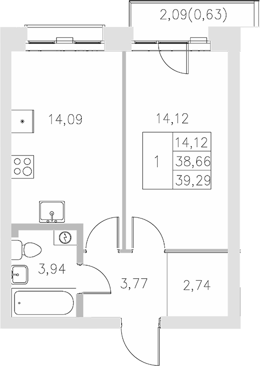 Планировка — Statum, 1-комн., 39 м²
