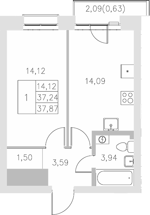 Планировка — Statum, 1-комн., 37 м²