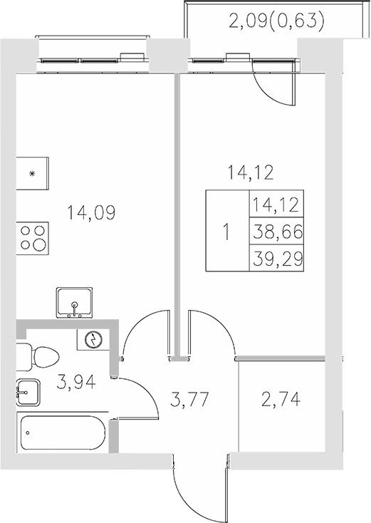 Планировка — Statum, 1-комн., 39 м²