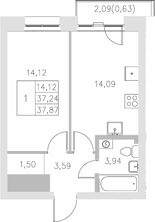 Планировка — Statum, 1-комн., 37 м²