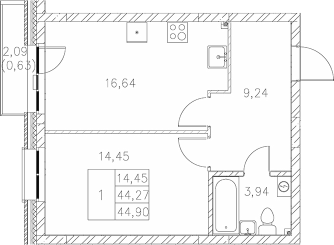 Планировка — Statum, 1-комн., 44 м²