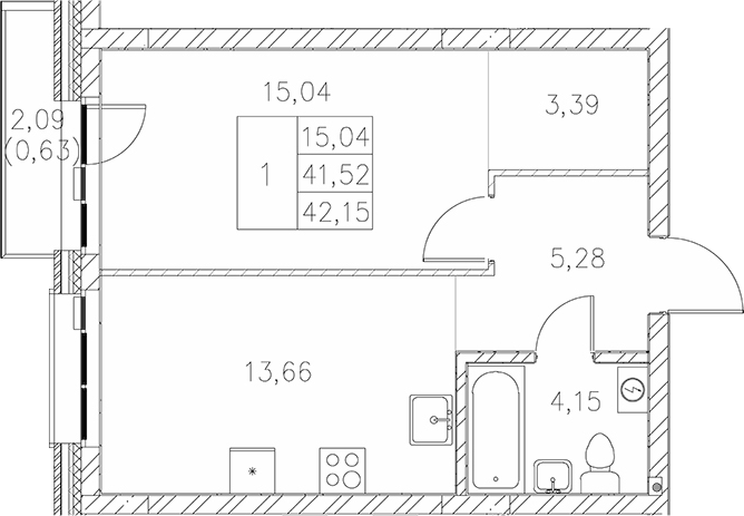 Планировка — Statum, 1-комн., 42 м²