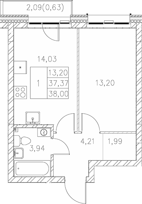 Планировка — Statum, 1-комн., 37 м²