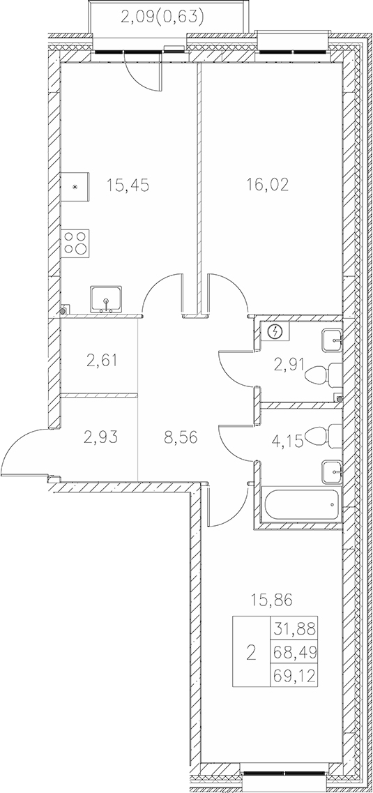 Планировка — Statum, 2-комн., 68 м²