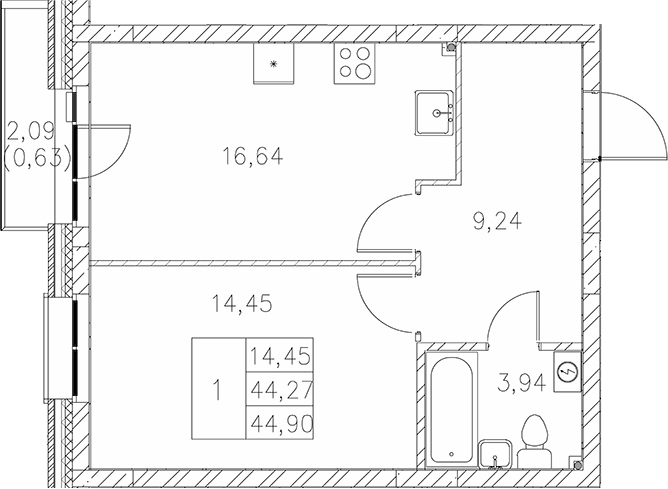 Планировка — Statum, 1-комн., 44 м²