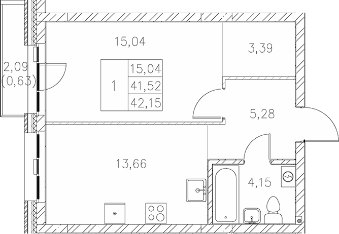 Планировка — Statum, 1-комн., 42 м²