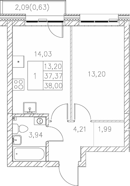 Планировка — Statum, 1-комн., 37 м²
