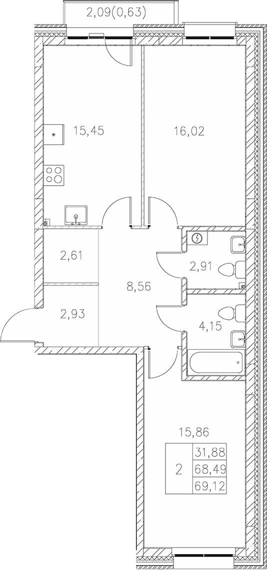 Планировка — Statum, 2-комн., 68 м²