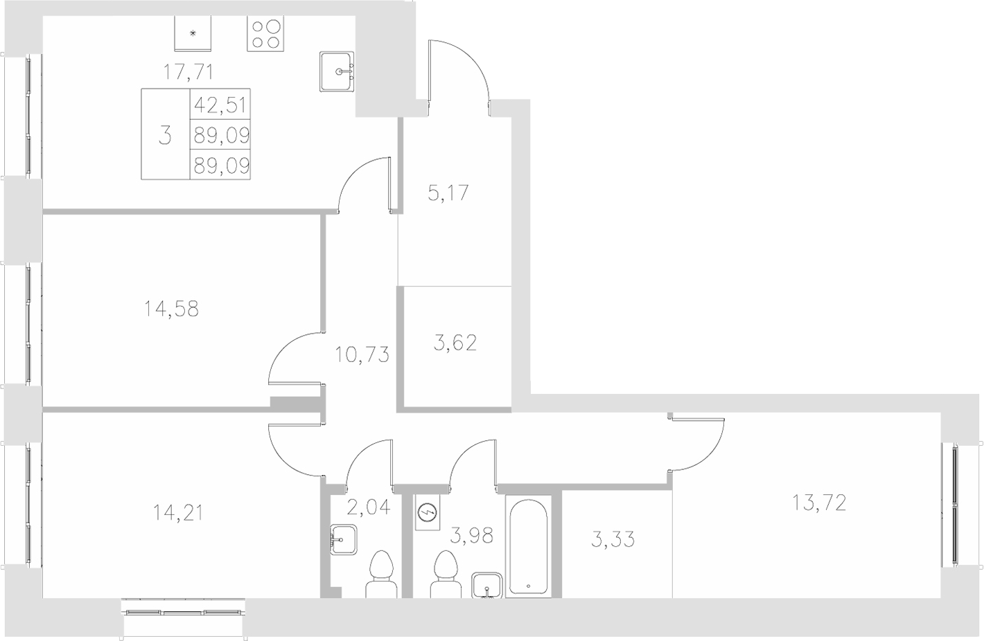Планировка — Statum, 3-комн., 89 м²