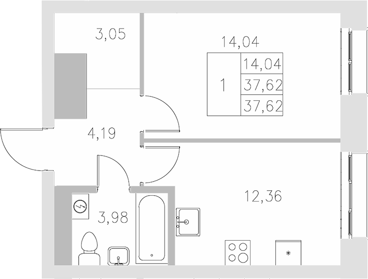 Планировка — Statum, 1-комн., 38 м²