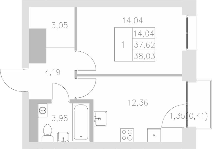 Планировка — Statum, 1-комн., 38 м²