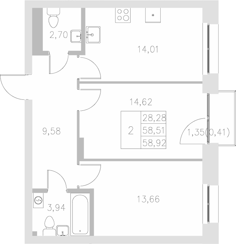 Планировка — Statum, 2-комн., 59 м²