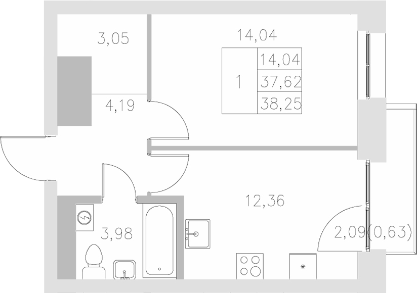 Планировка — Statum, 1-комн., 38 м²