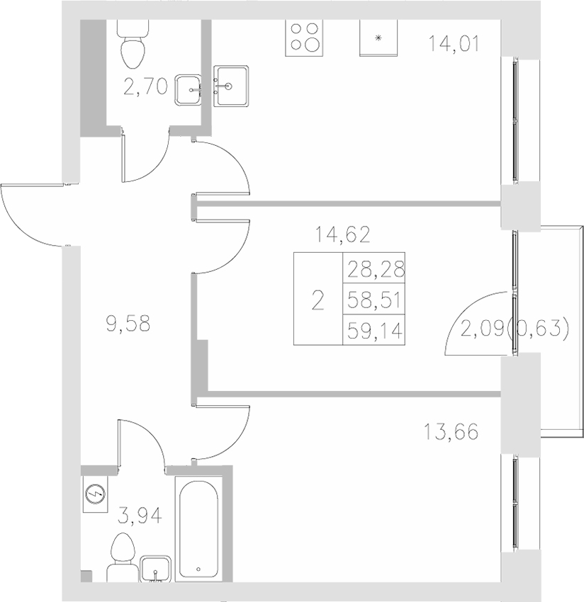 Планировка — Statum, 2-комн., 59 м²