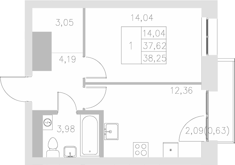 Планировка — Statum, 1-комн., 38 м²
