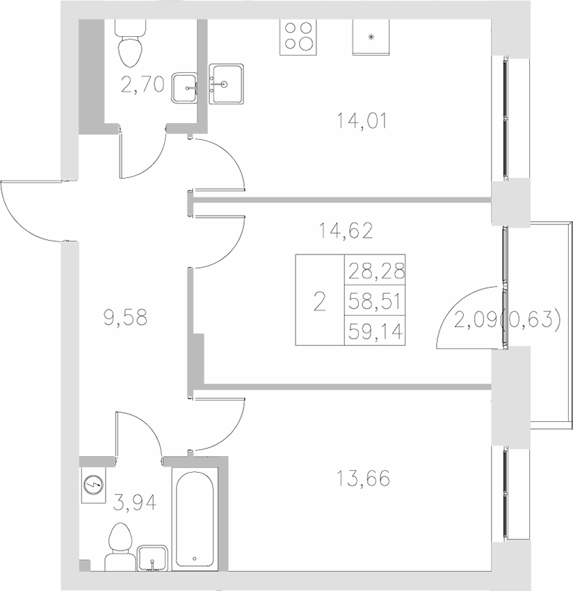 Планировка — Statum, 2-комн., 59 м²