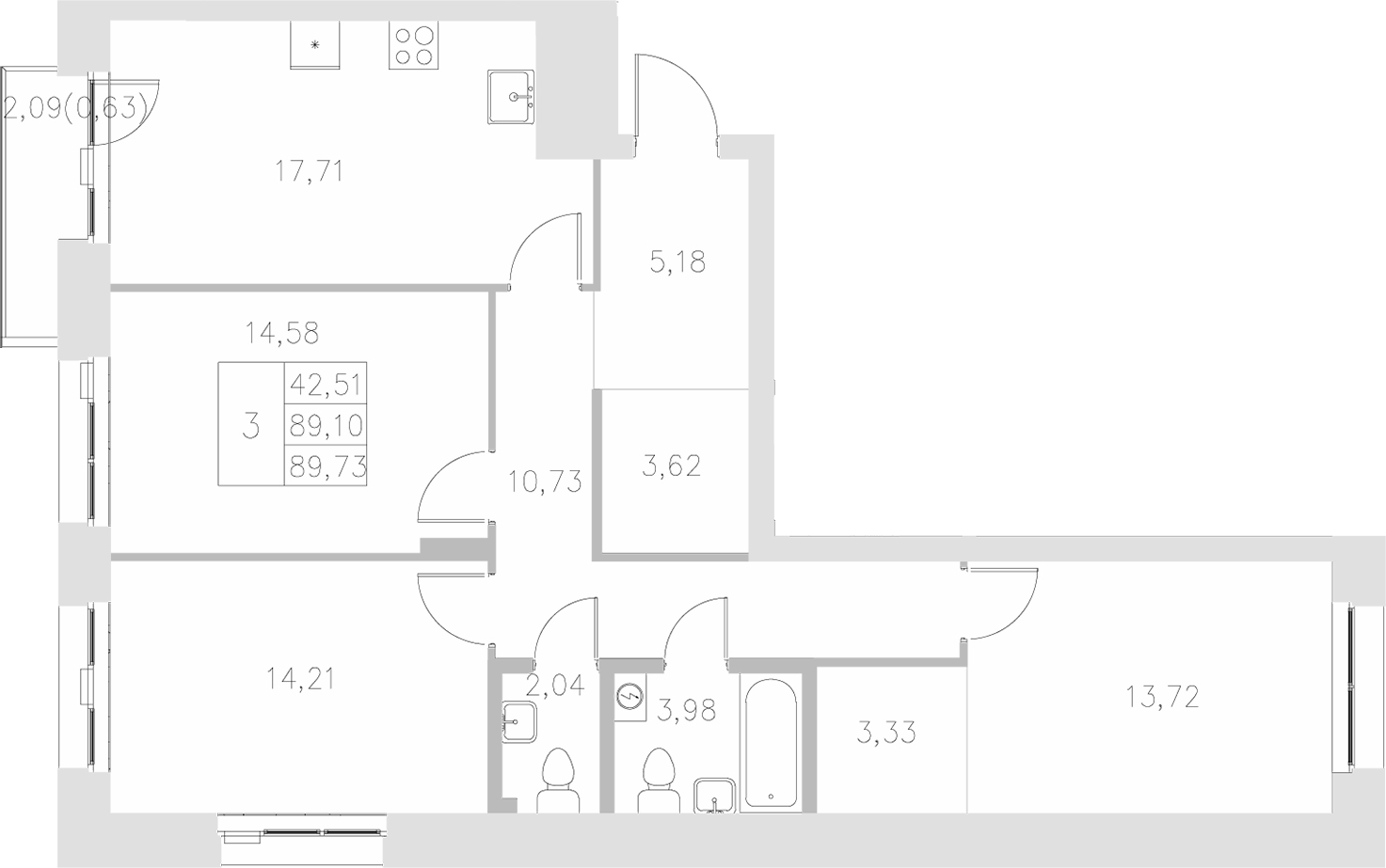 Планировка — Statum, 3-комн., 89 м²