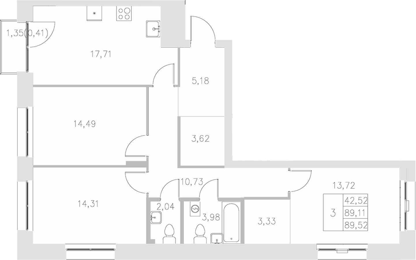 Планировка — Statum, 3-комн., 89 м²