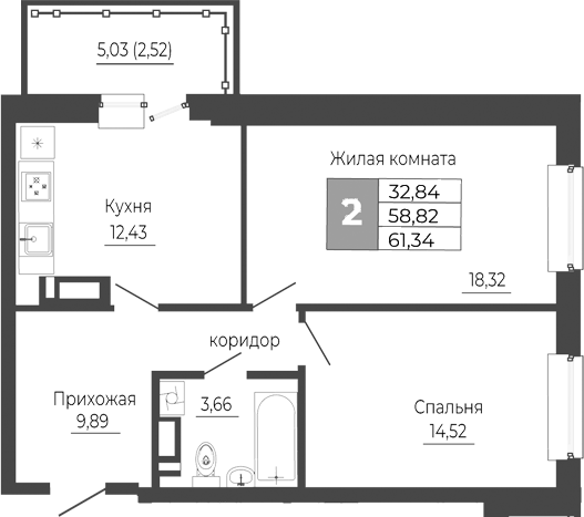 Планировка — Иловайский, 2-комн., 59 м²