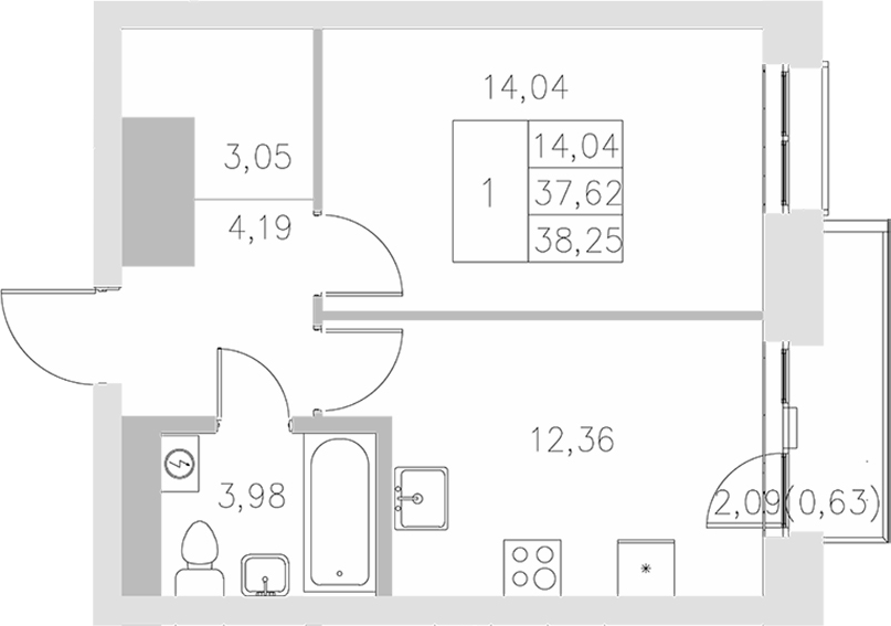 Планировка — Statum, 1-комн., 38 м²