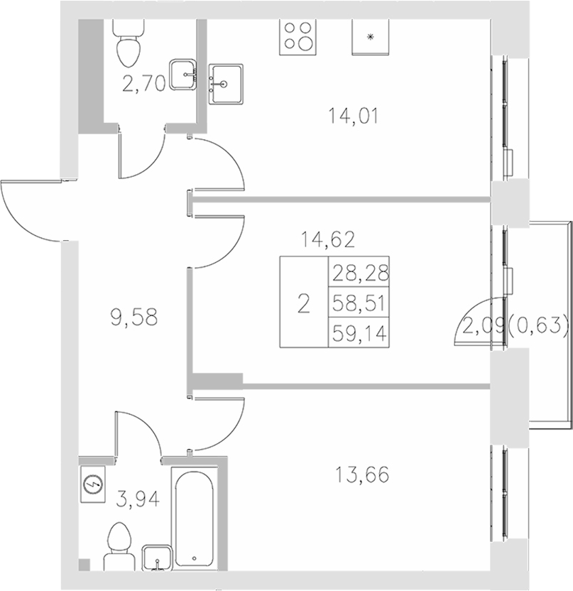 Планировка — Statum, 2-комн., 59 м²