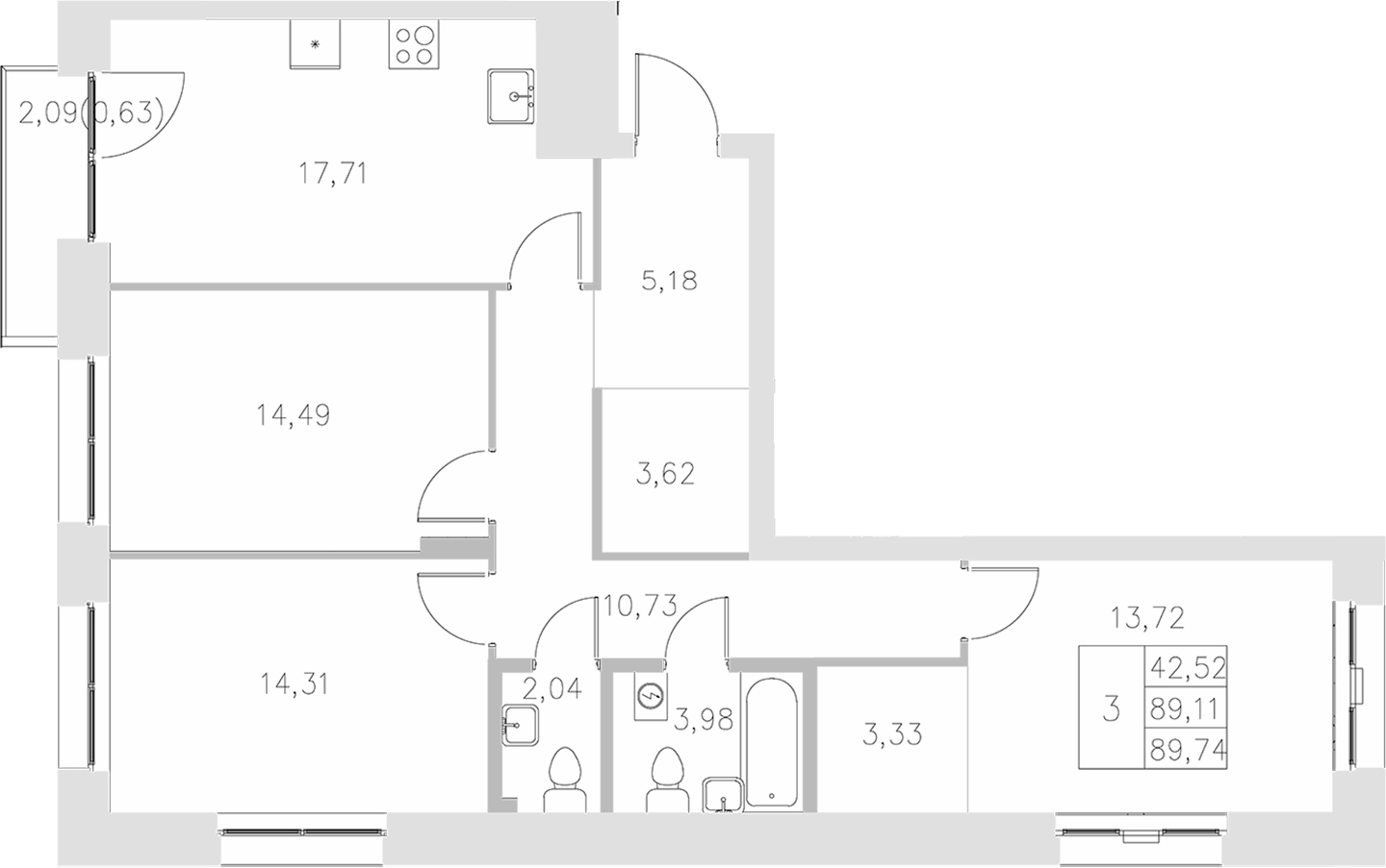 Планировка — Statum, 3-комн., 89 м²
