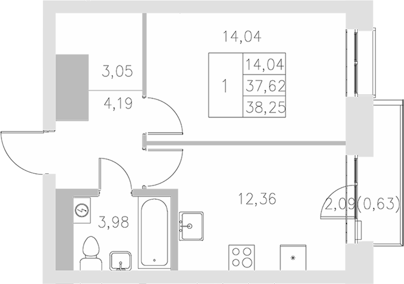 Планировка — Statum, 1-комн., 38 м²