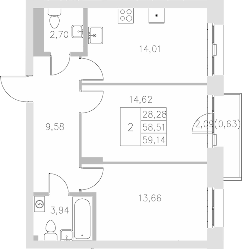 Планировка — Statum, 2-комн., 59 м²