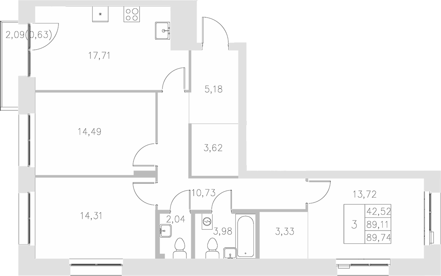 Планировка — Statum, 3-комн., 89 м²