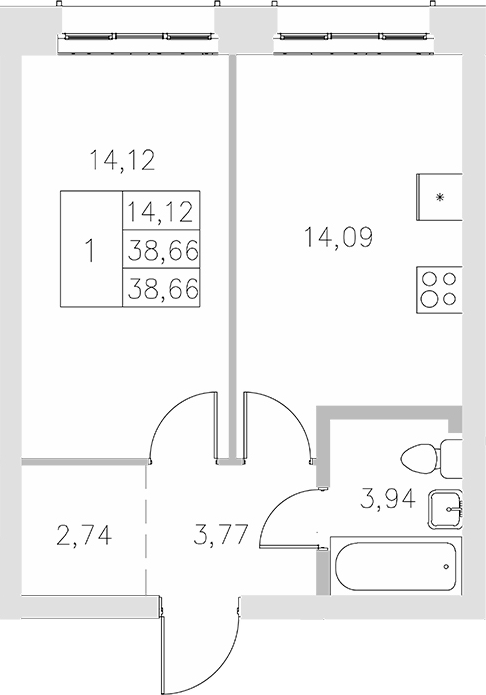 Планировка — Statum, 1-комн., 39 м²